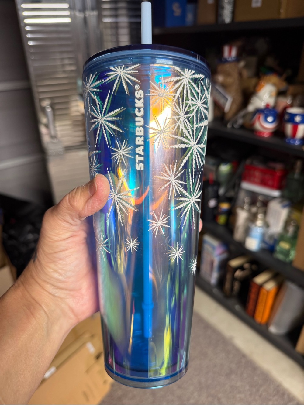 Starbucks Iridescent Blue Reusable Tumbler with Starburst Pattern and Straw